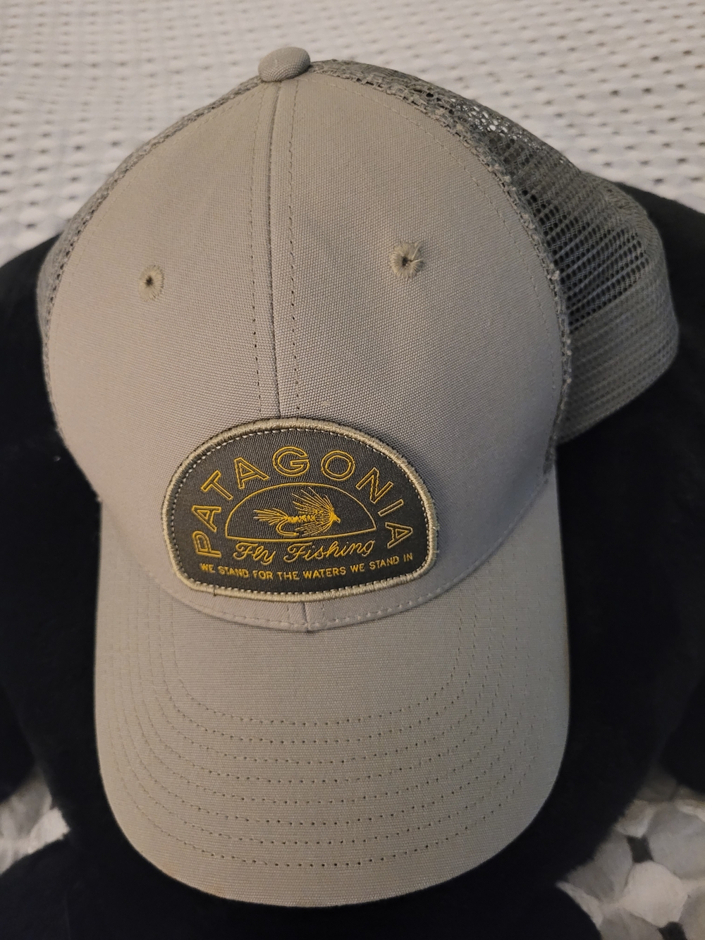 Patagonia Men’s Trucker Cap — Taupe with Yellow Logo